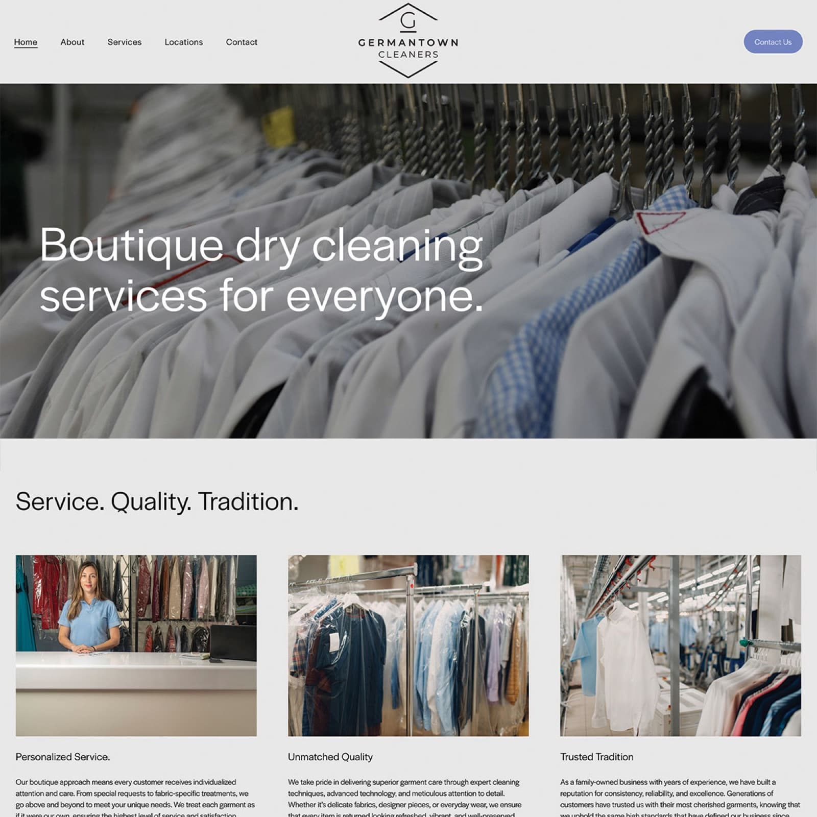 Germantown Cleaners homepage — dry cleaning rack hero with 'Boutique dry cleaning services for everyone'.