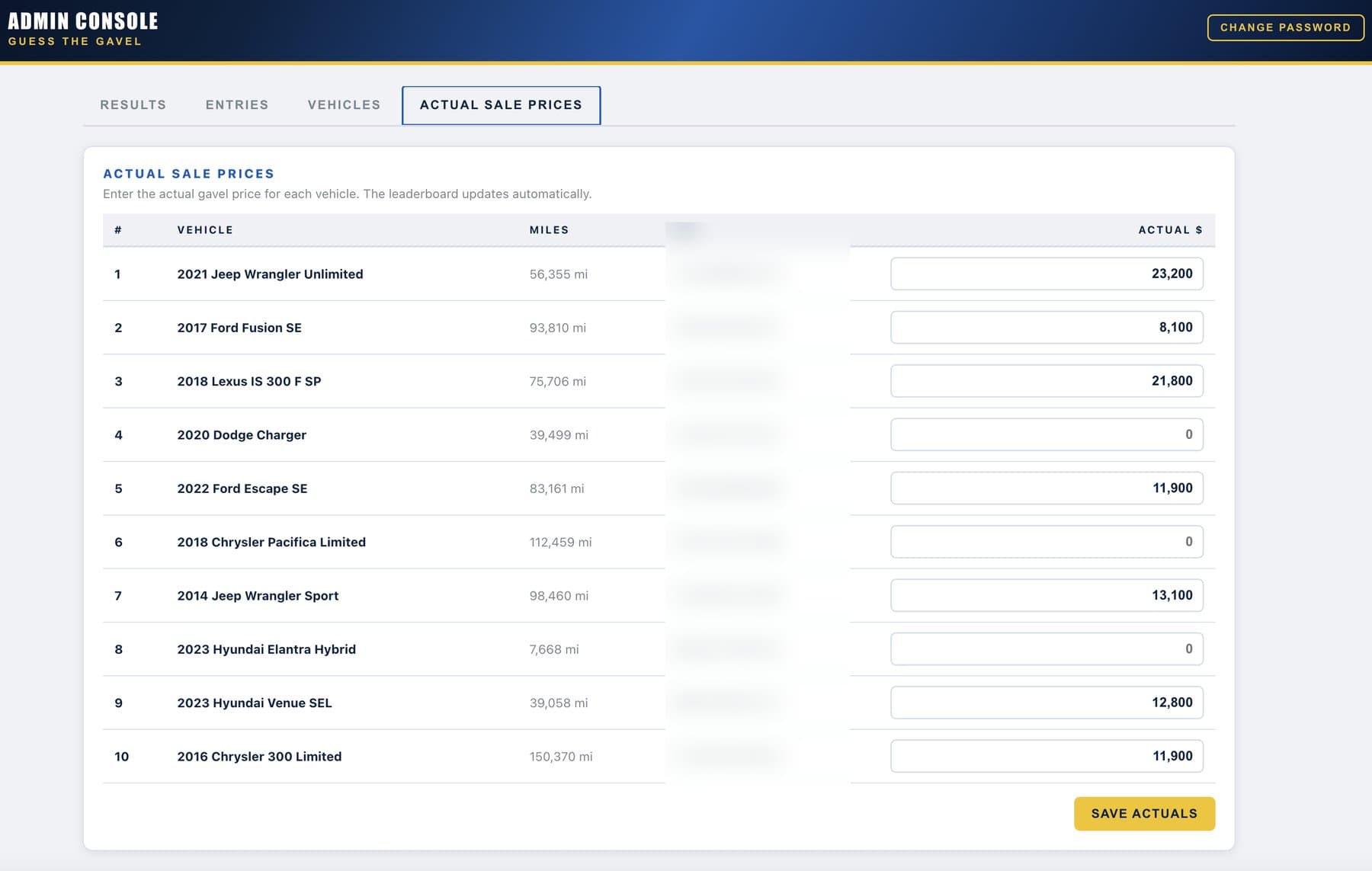Guess the Gavel admin — Actual Sale Prices tab. Enter the actual gavel price for each vehicle; the leaderboard updates automatically.