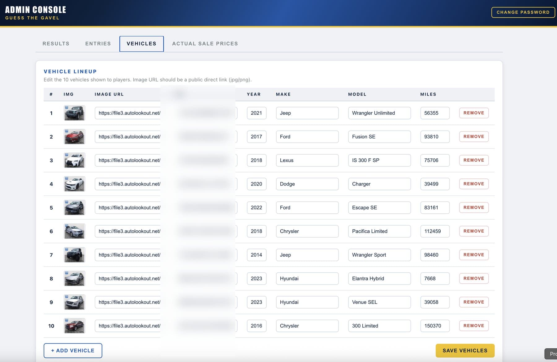 Guess the Gavel admin — Vehicle Lineup tab. Edit the 10 vehicles shown to players: image URL, year, make, model, miles.