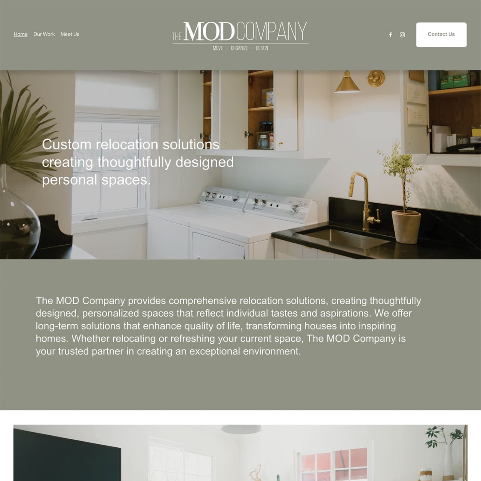 The MOD Company homepage — sage green nav with 'Custom relocation solutions' headline over a thoughtfully designed kitchen.