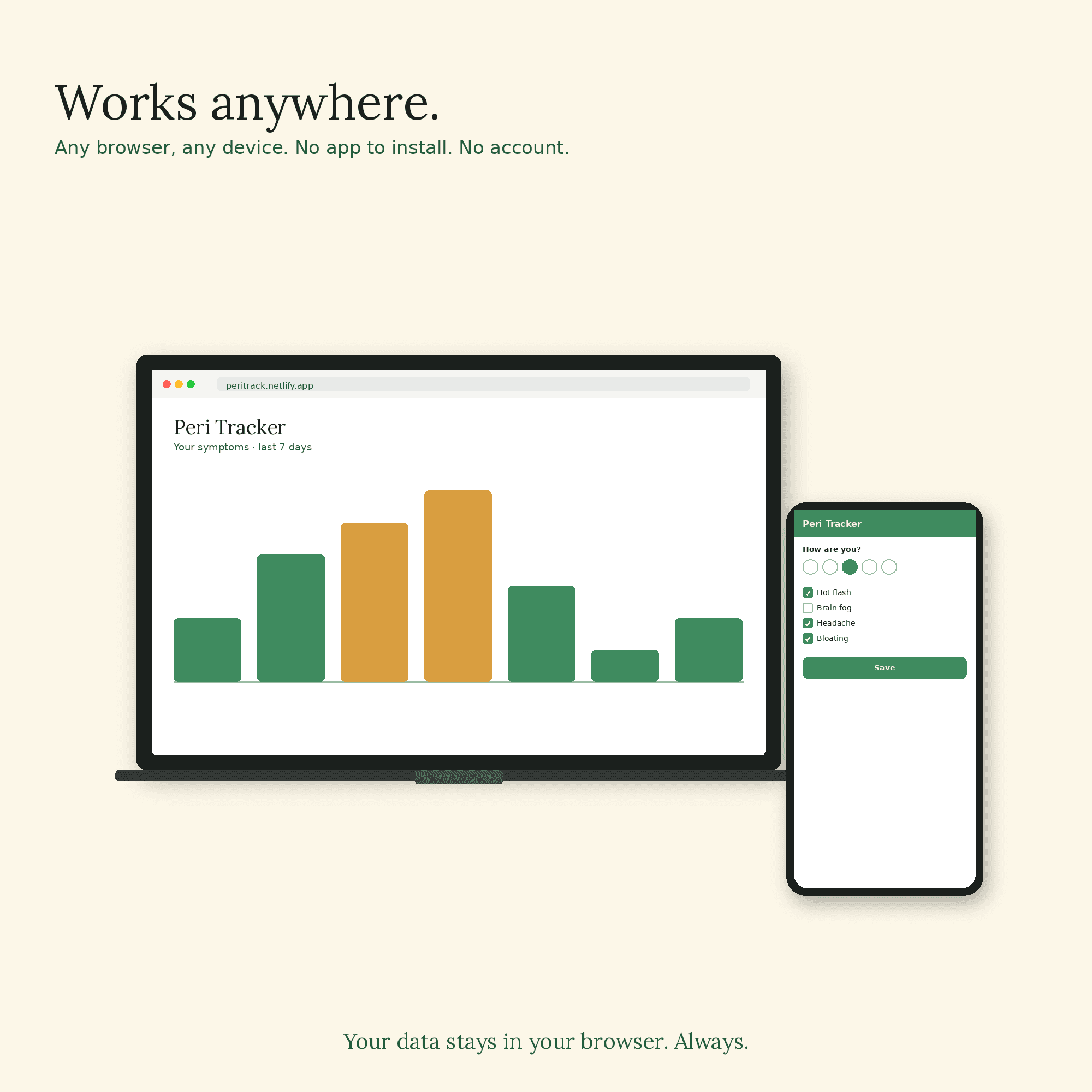 Works anywhere — desktop browser and phone showing the tracker. No app needed, no account.