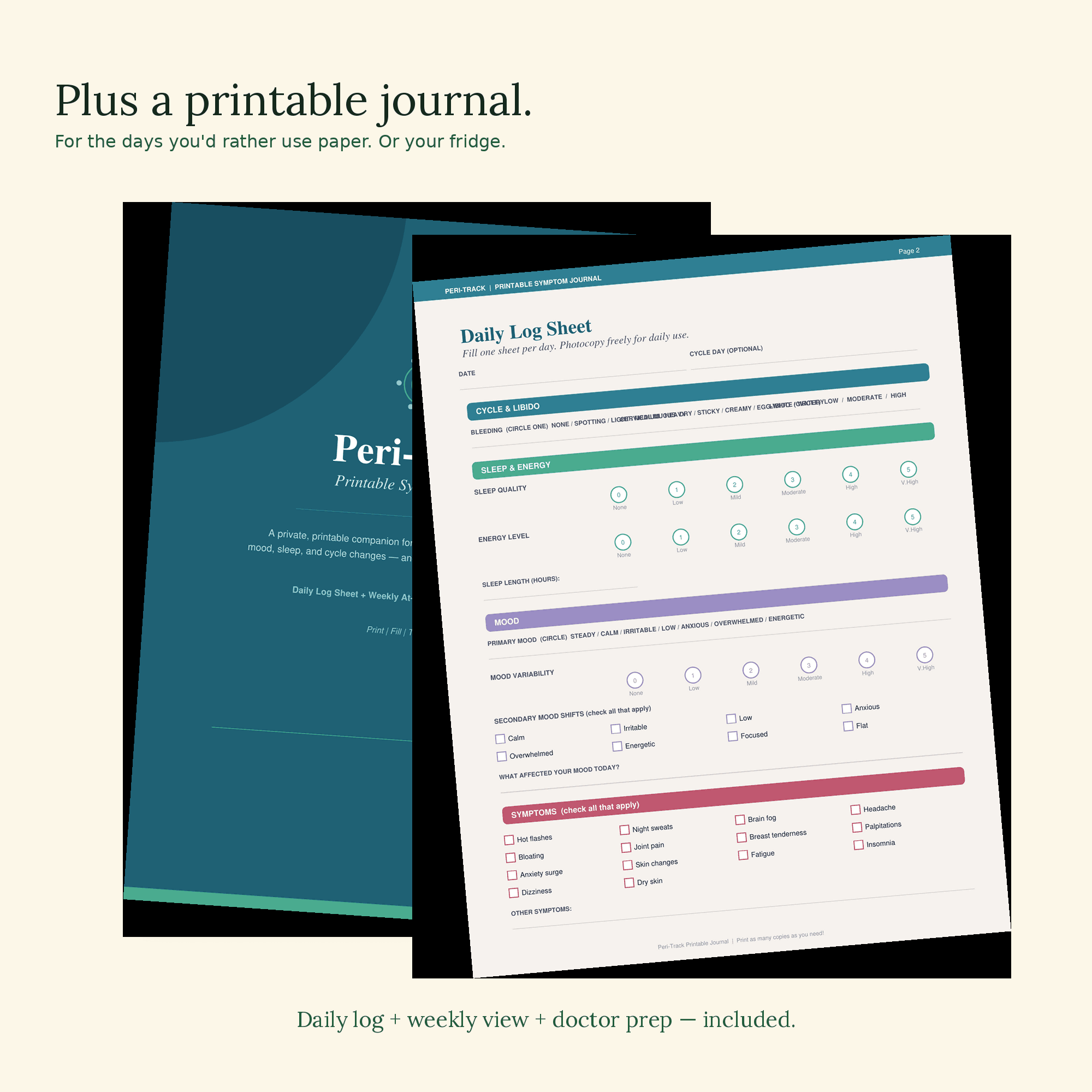 Plus a printable journal — daily log sheet with cycle, sleep, mood, and symptom checkboxes.