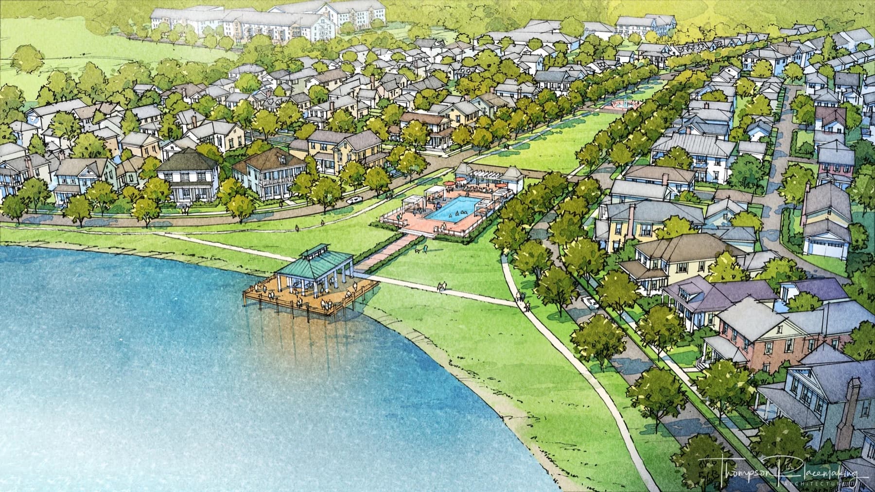 Thompson Placemaking — watercolor aerial of a Southern neighborhood by a lake, the firm's Flowood District master-plan illustration.